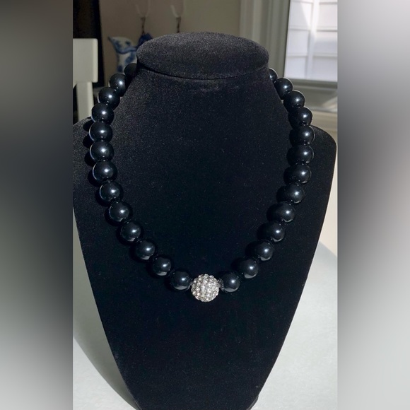 Classic Black Bead Necklace with Rhinestone Charm - Picture 7 of 7